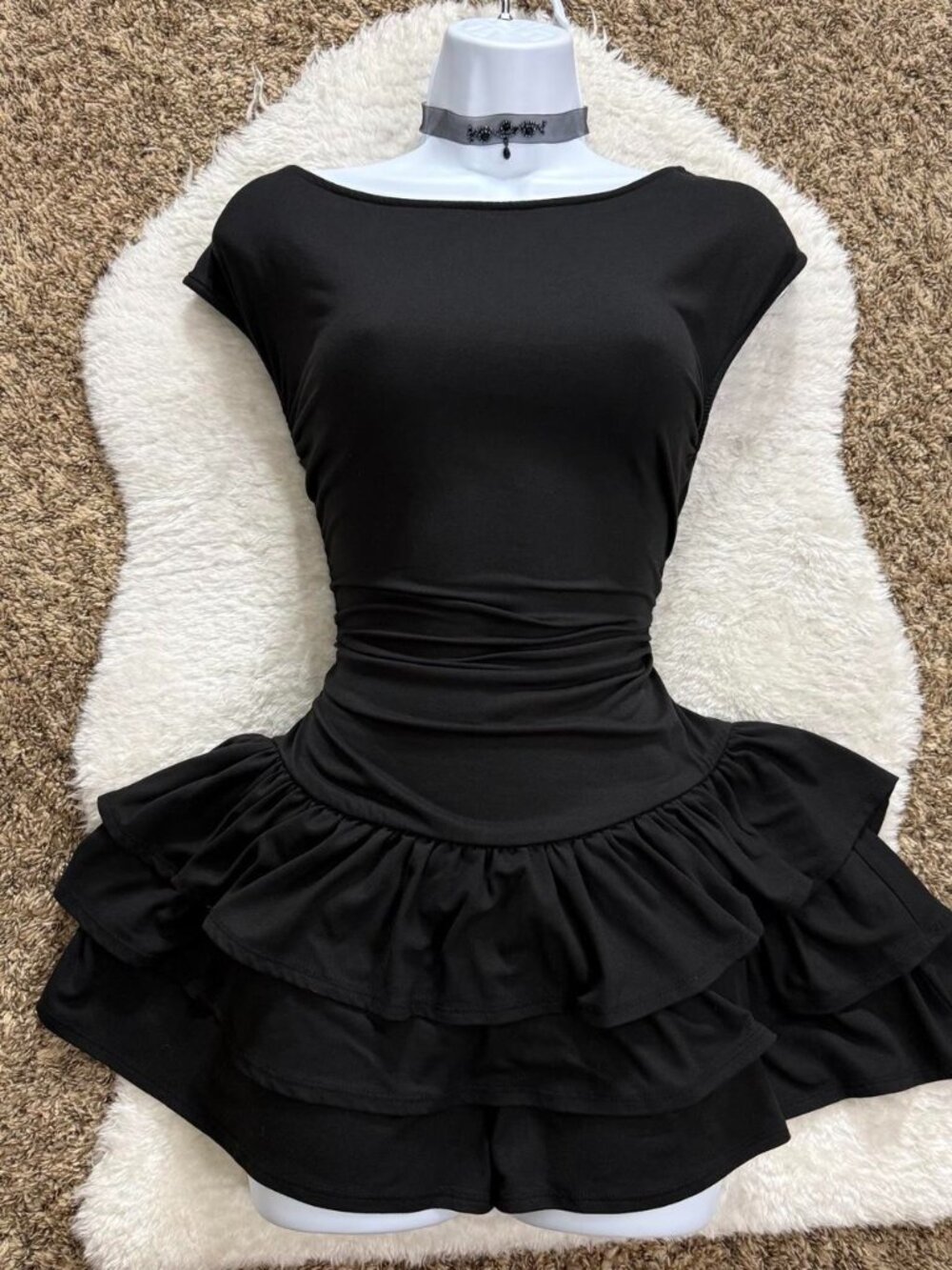 Romantic goth coquette girly grunge black boat neck ruffled drop waist mini romp